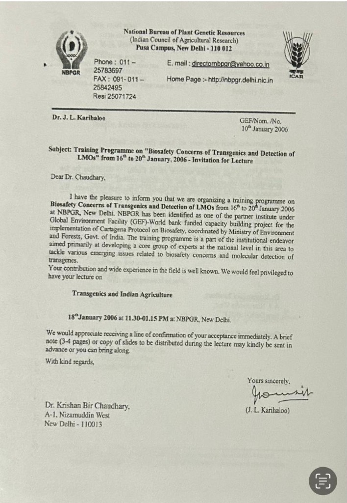NBPGR lecture invitation, 2006
