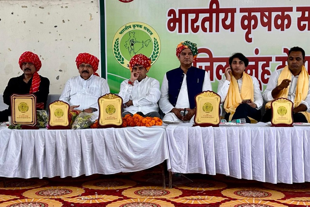 Dignitaries with award plaques and garlands on stage